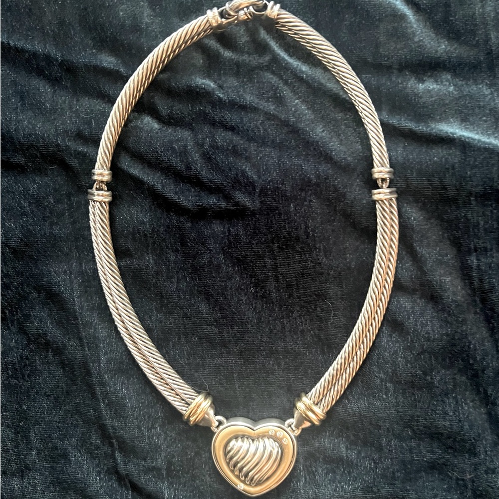 David Yurman Sterling Silver and 18K Yellow Gold Cable Heart Diamond Necklace